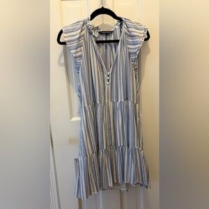 Veronica Beard Blue and White Zee Striped Tiered Cotton Minidress